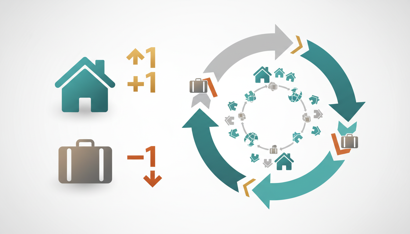 Infographic showing the SwappaHome credit system icons of a house with 1 credit, a suitcase with -1