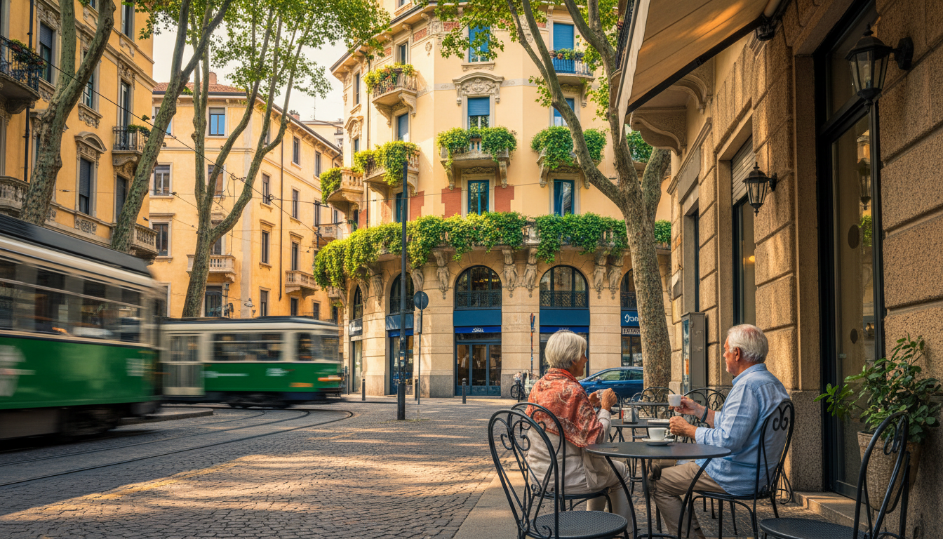 Tree-lined street in Porta Venezia with outdoor caf seating, elderly Italian couple enjoying espress