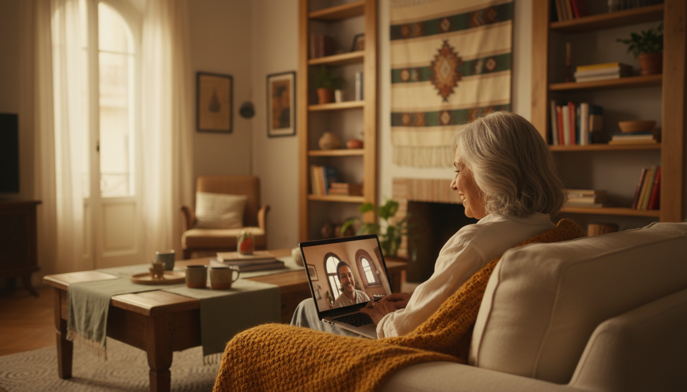 Senior woman video chatting on laptop with Italian host, both smiling, apartment details visible in
