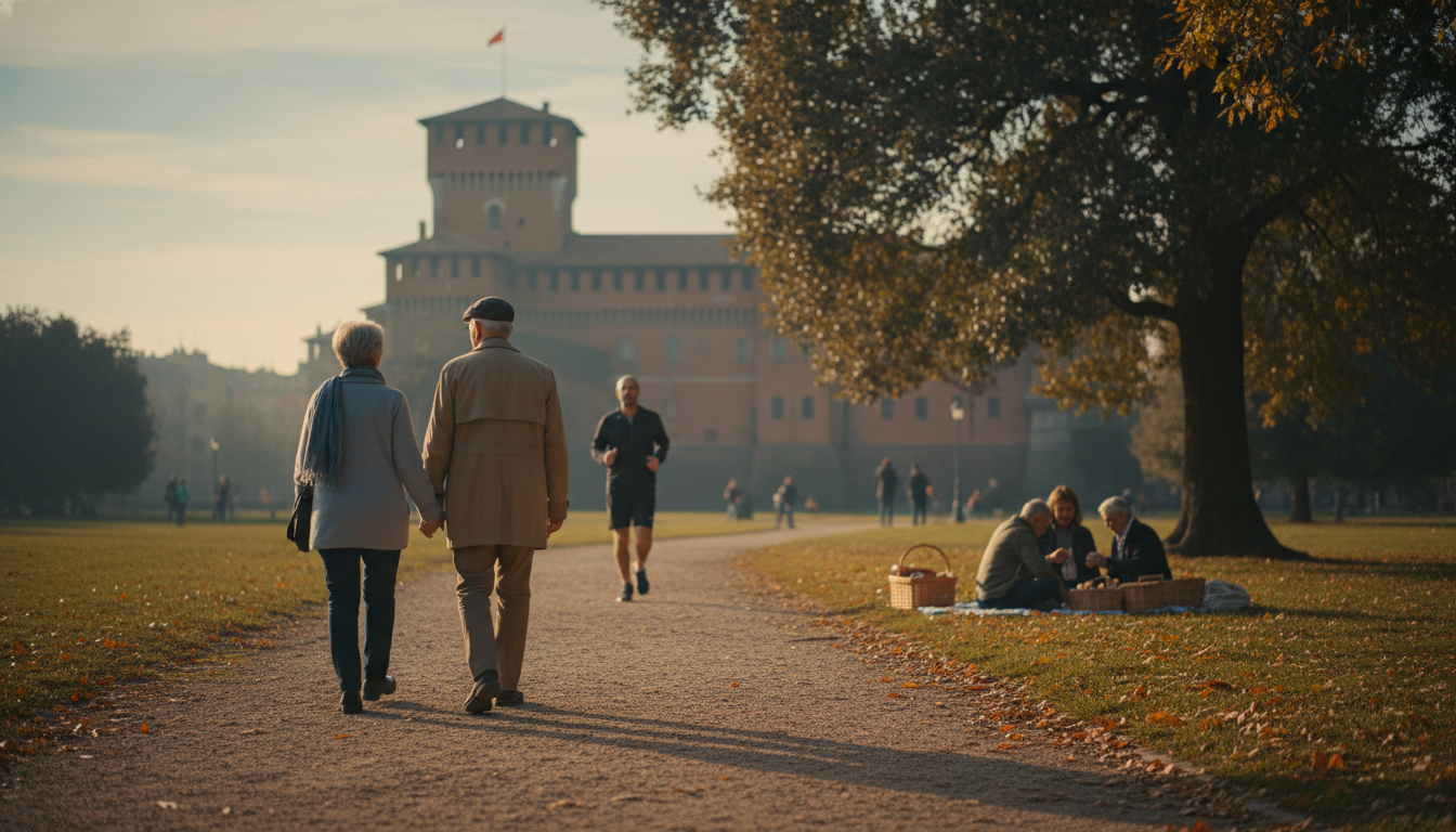 Golden hour scene of elderly couple walking hand in hand through Parco Sempione, Castello Sforzesco