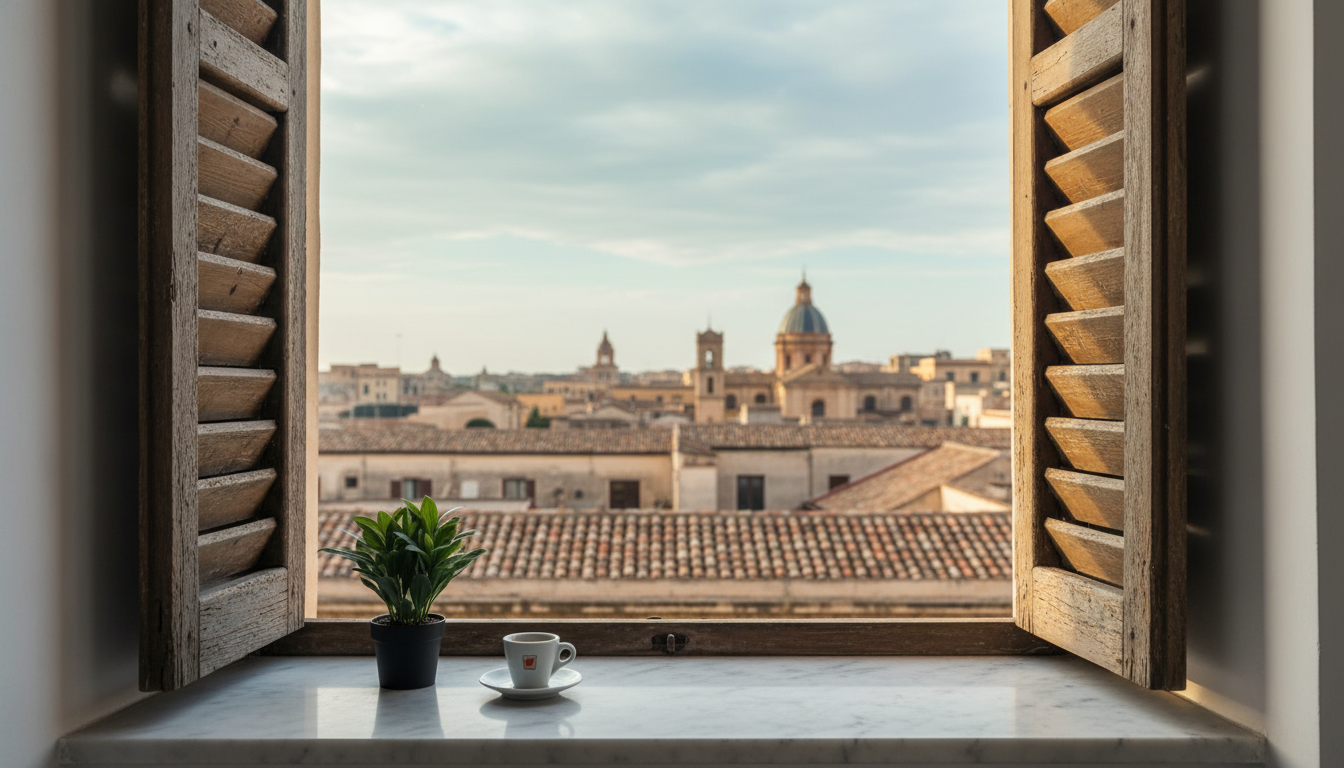 Morning light streaming through wooden shutters into a traditional Palermo apartment, espresso cup o