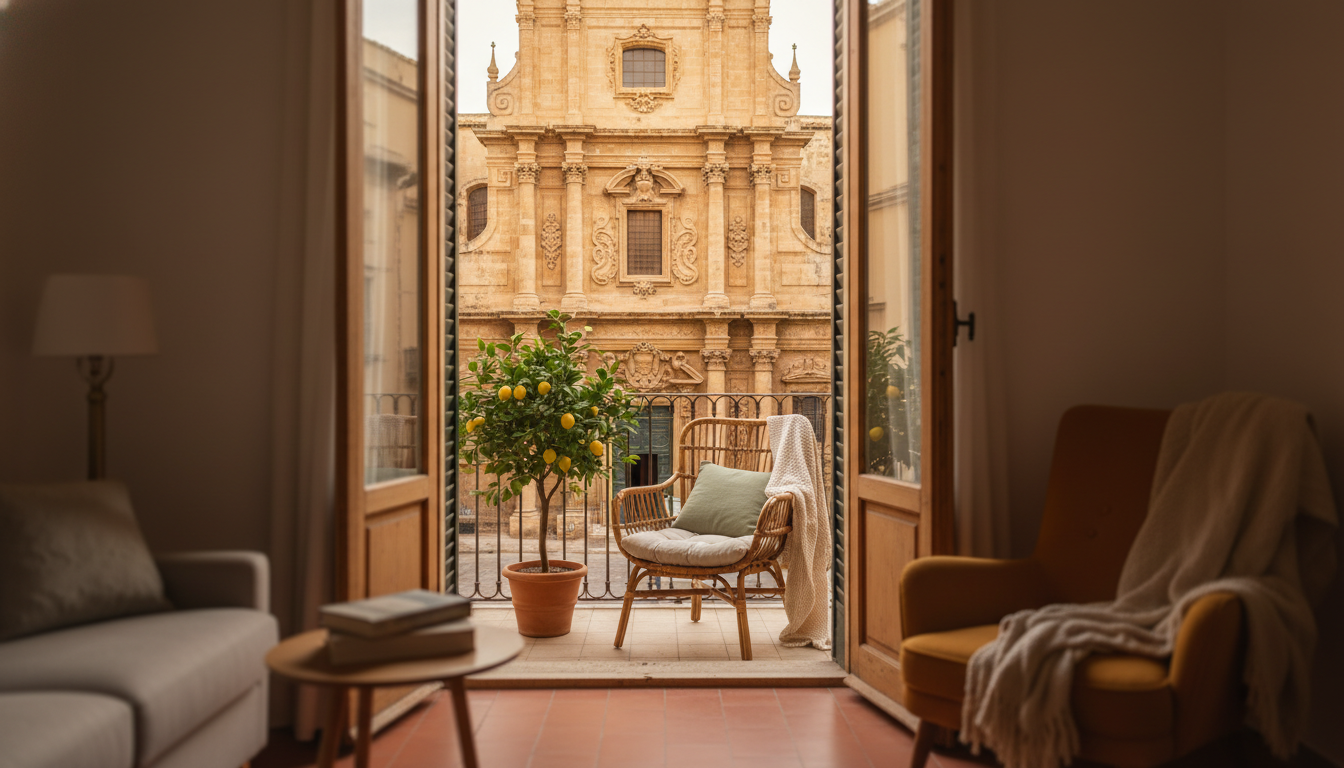 Compact Palermo apartment with a small balcony featuring a single chair, potted lemon tree, and view