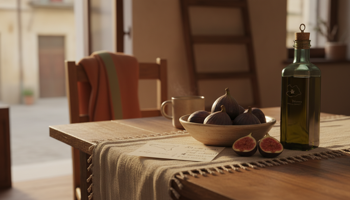 Handwritten note on a kitchen table next to a bowl of fresh figs and a bottle of local olive oil, wi