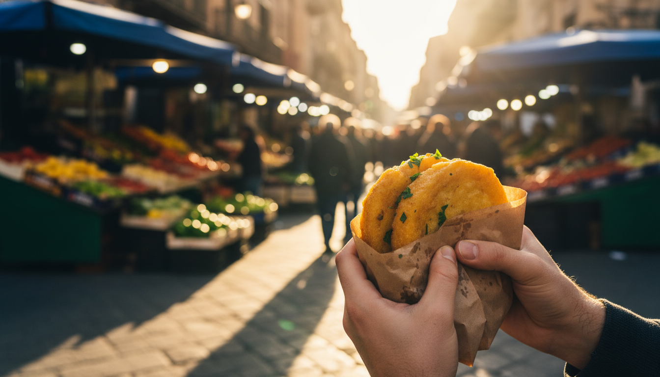 Close-up of hands holding a paper-wrapped panelle sandwich on a Palermo street, market stalls blurre