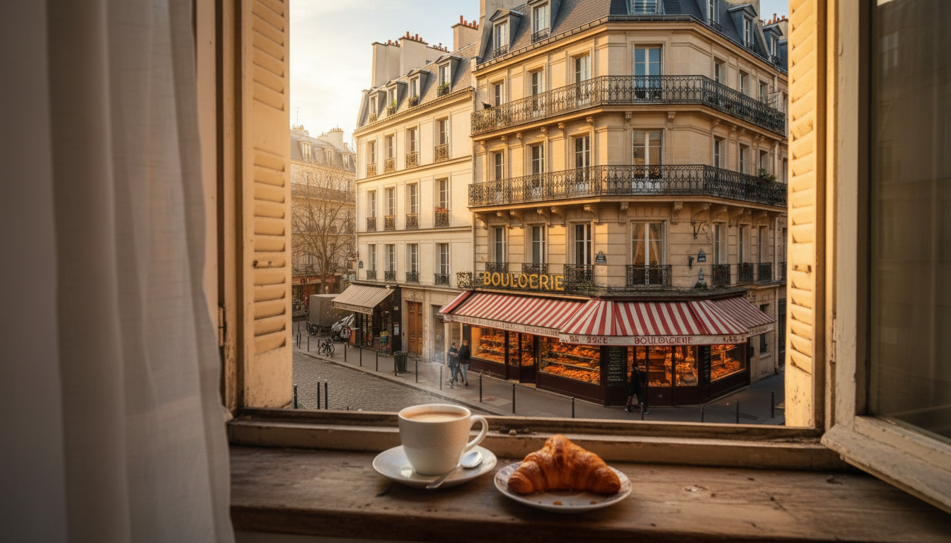 Morning view from a Parisian apartment window showing typical Haussmann buildings, with coffee cup o