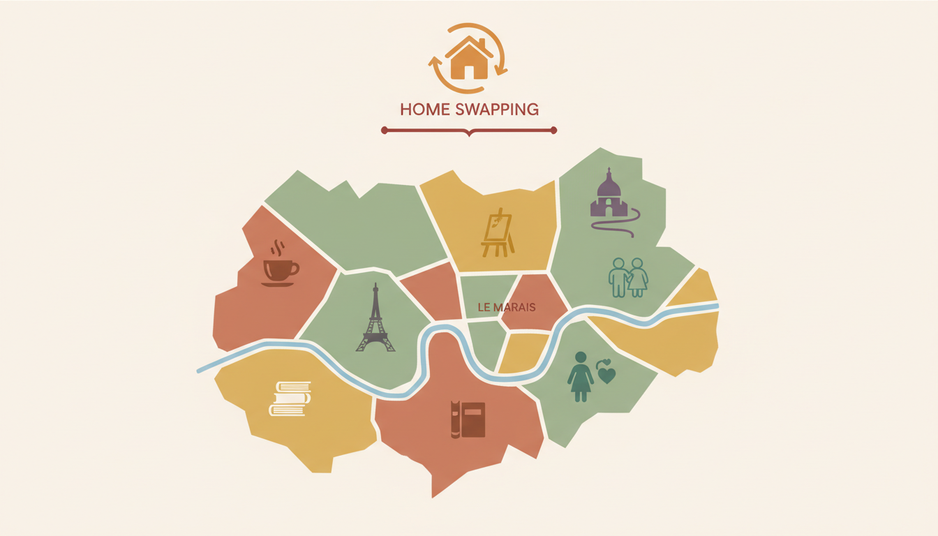 Illustrated map of Paris showing different arrondissements with small icons representing each neighb