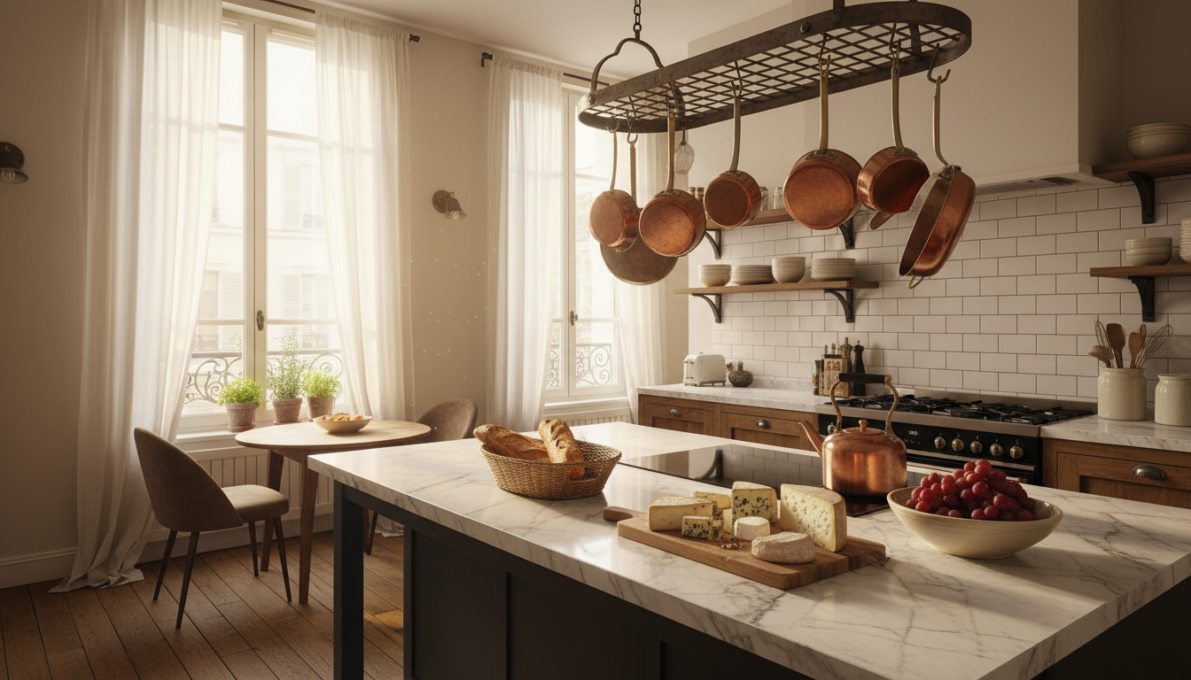 Cozy Parisian apartment kitchen with marble countertops, copper pots hanging, fresh baguette and che