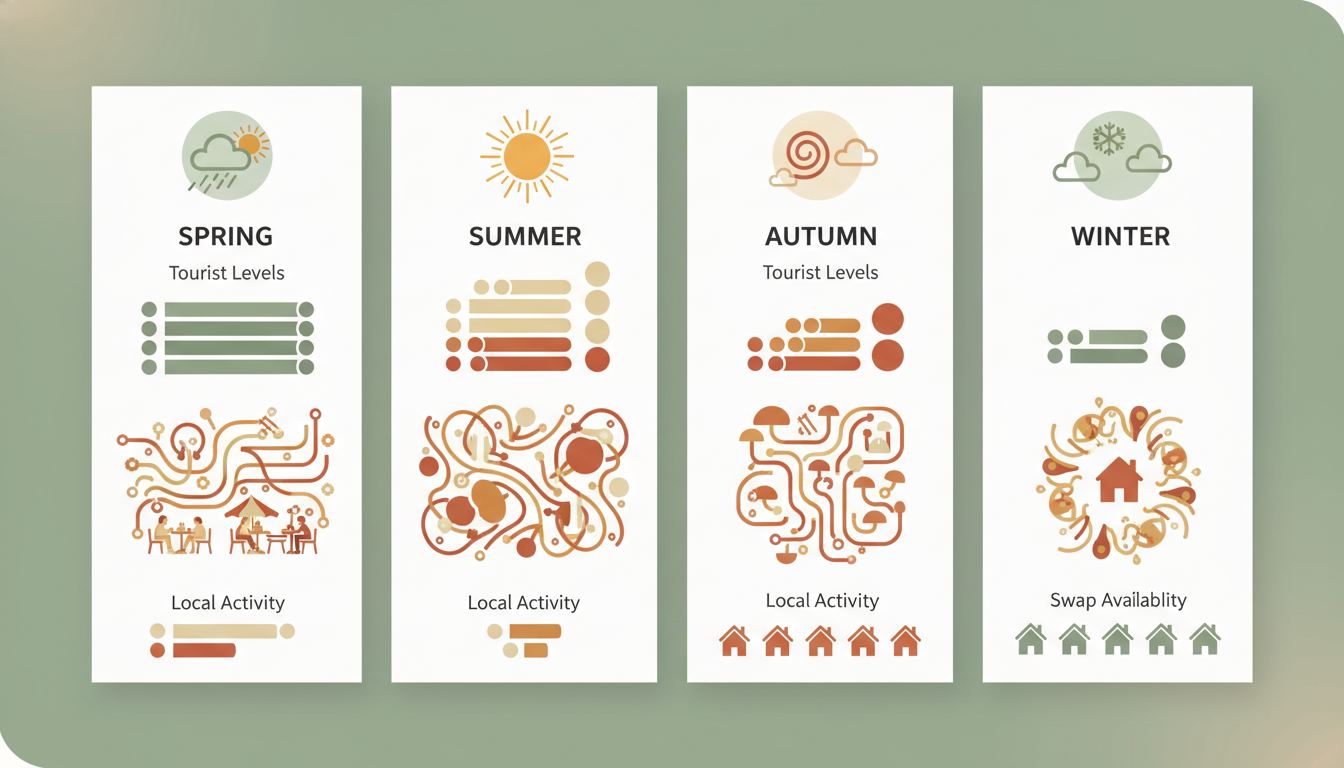 Comparison infographic showing Paris seasons for home swapping - weather, tourist levels, local acti