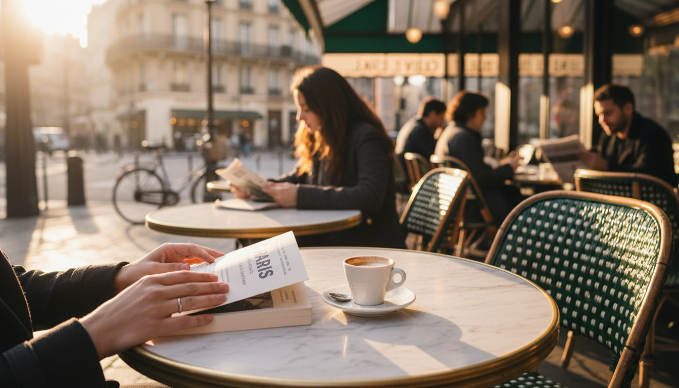 Lifestyle photo of someone reading a book at a typical Parisian caf terrace, small espresso cup on m