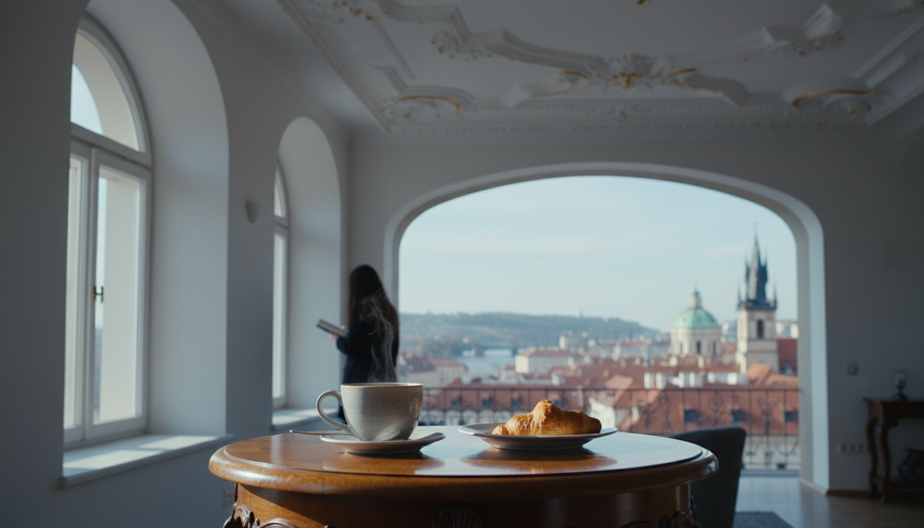 Morning light streaming through tall windows of a Prague apartment with ornate ceiling moldings, a c