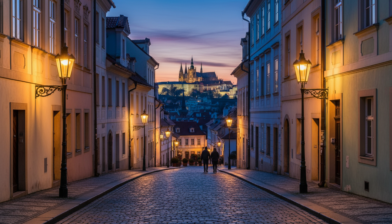 Narrow cobblestoned street in Mal Strana at dusk with gas lamps lit, pastel-colored baroque building