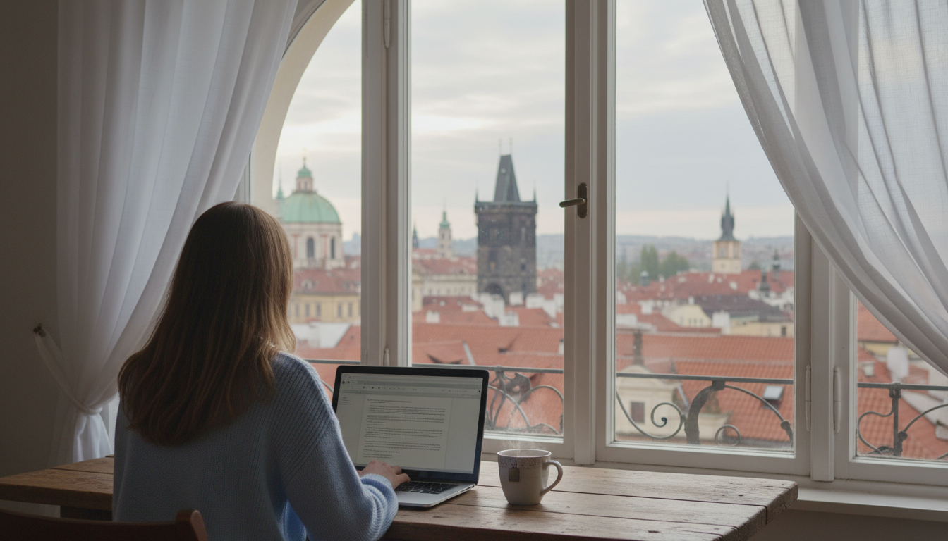 Woman sitting at a wooden desk by a window in a Prague apartment, laptop open, cup of tea beside her