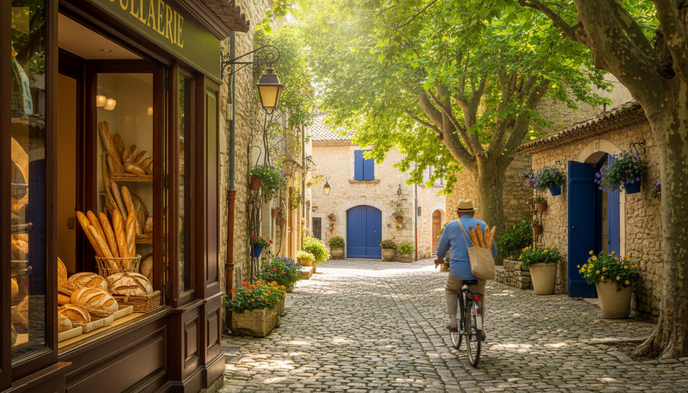 narrow cobblestone street in a Luberon village, morning light filtering through plane trees, a boula