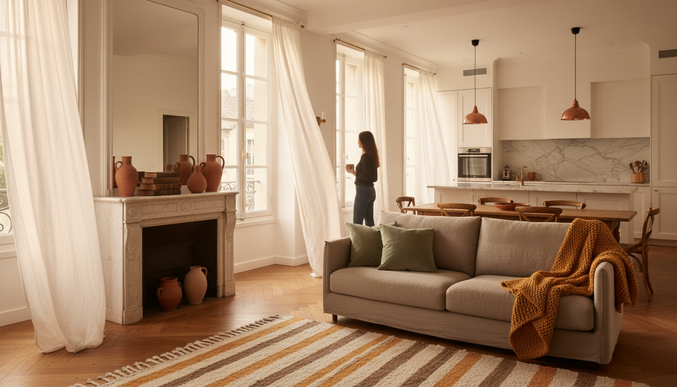 interior of a bright Provenal apartment in Aix-en-Provence, herringbone wood floors, tall French win