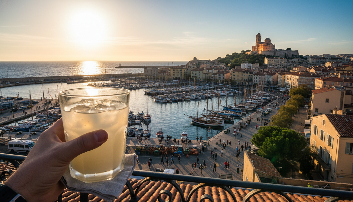 view from a Marseille rooftop terrace at golden hour, looking over the Vieux-Port with Notre-Dame de