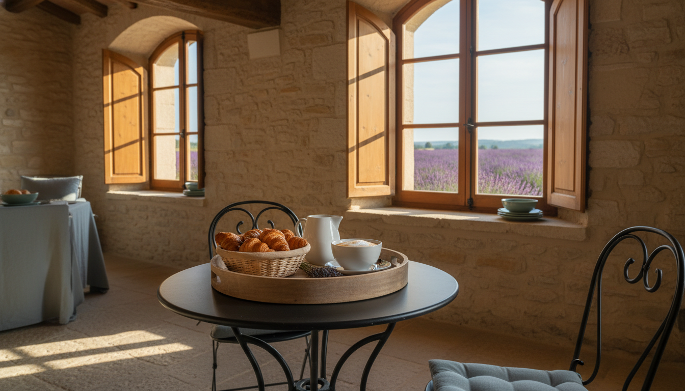 Golden morning light streaming through shuttered windows of a traditional Provenal stone house, with
