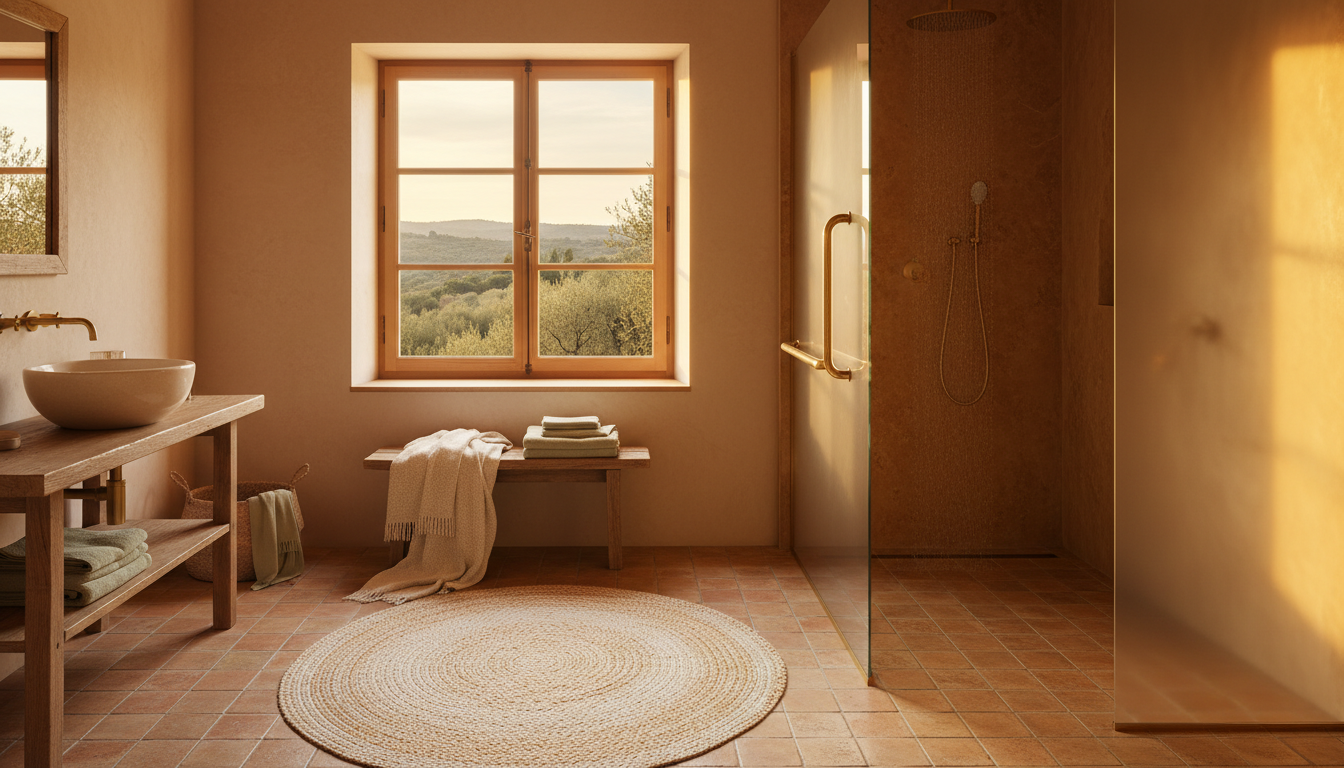 Bright, accessible Provenal bathroom with walk-in rainfall shower, terracotta tiles, and a window ov