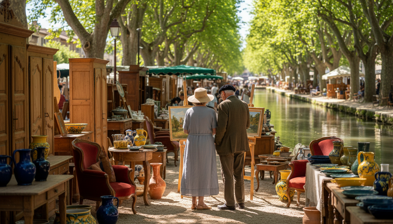 Sunday antique market in LIsle-sur-la-Sorgue, showing vintage furniture and ceramics along a canal,
