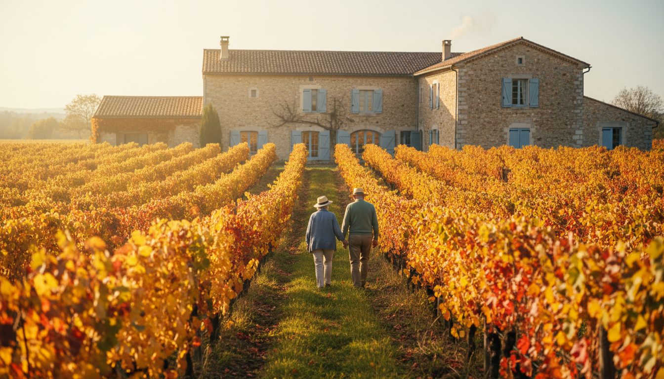 Autumn vineyard in Provence with golden and red leaves, stone farmhouse in background, elderly coupl