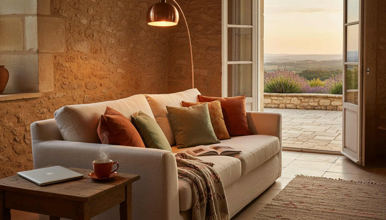 Cozy Provenal living room with stone walls, comfortable sofa with reading lamp, French doors open to