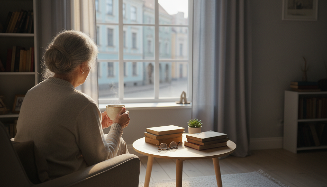 Elderly woman sitting in a cozy Riga apartment with large windows overlooking cobblestone streets, m