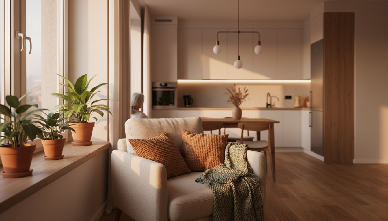 Interior of a bright, accessible Riga apartment with elevator building, comfortable armchair by the