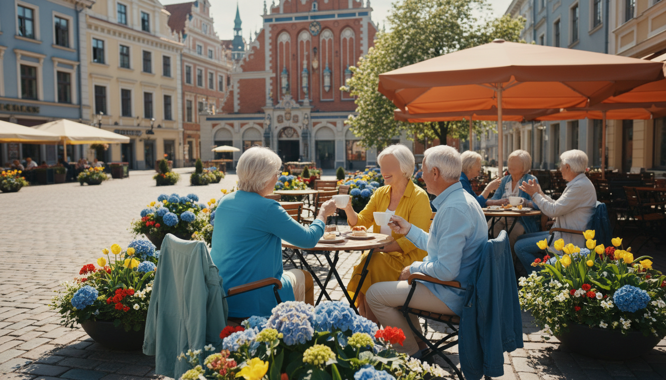 Riga Old Town square in late spring with blooming flowers, outdoor caf seating, seniors enjoying cof