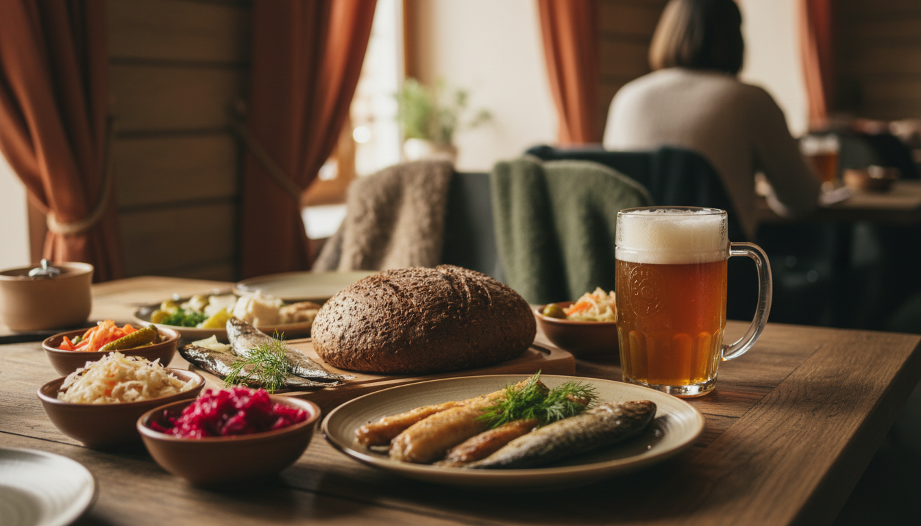 Traditional Latvian meal at a cozy restaurant - dark rye bread, smoked fish, pickled vegetables, gla