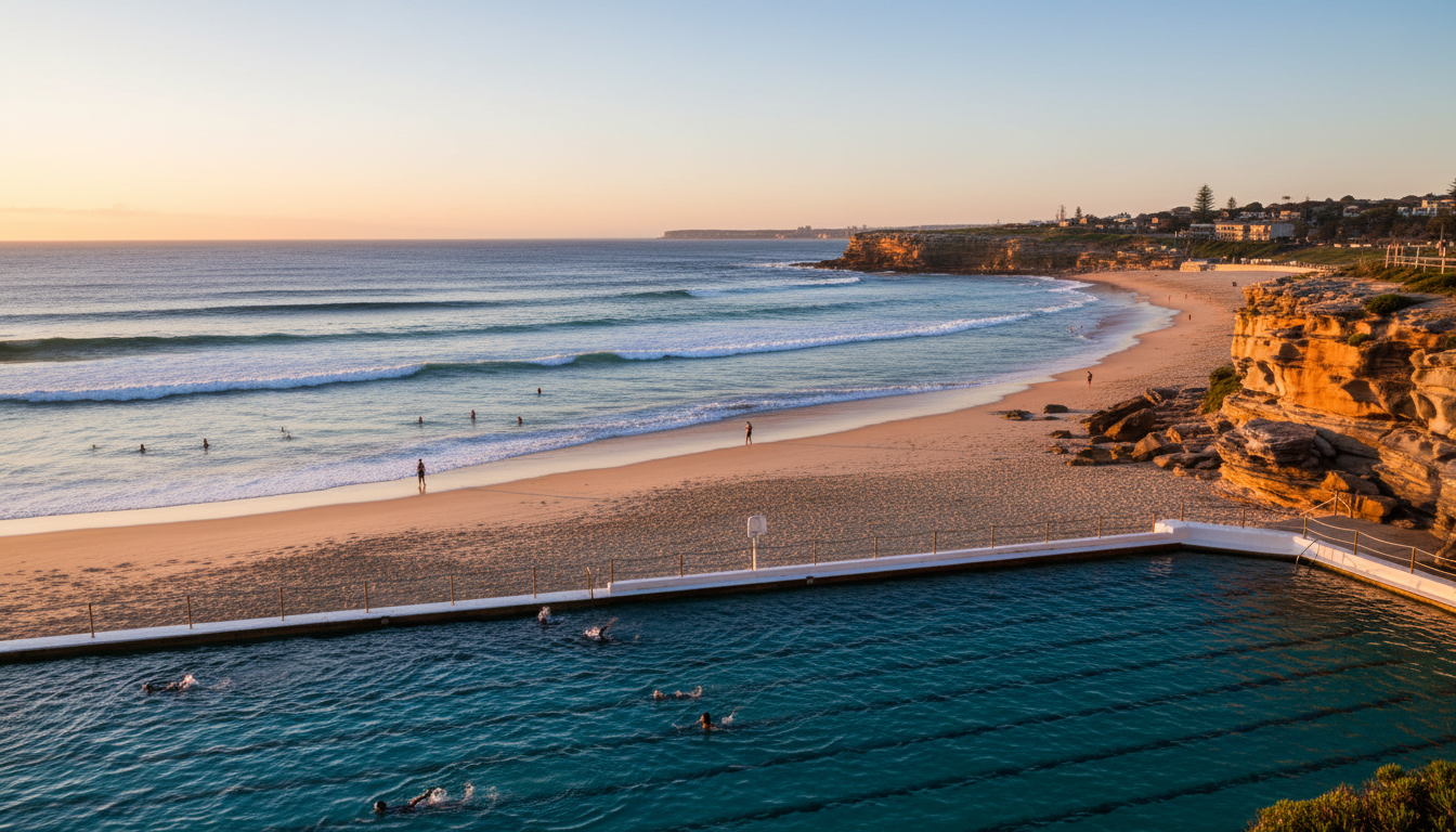 early morning at Bondi Beach with only a few swimmers in the turquoise water, Bondi Icebergs pool vi