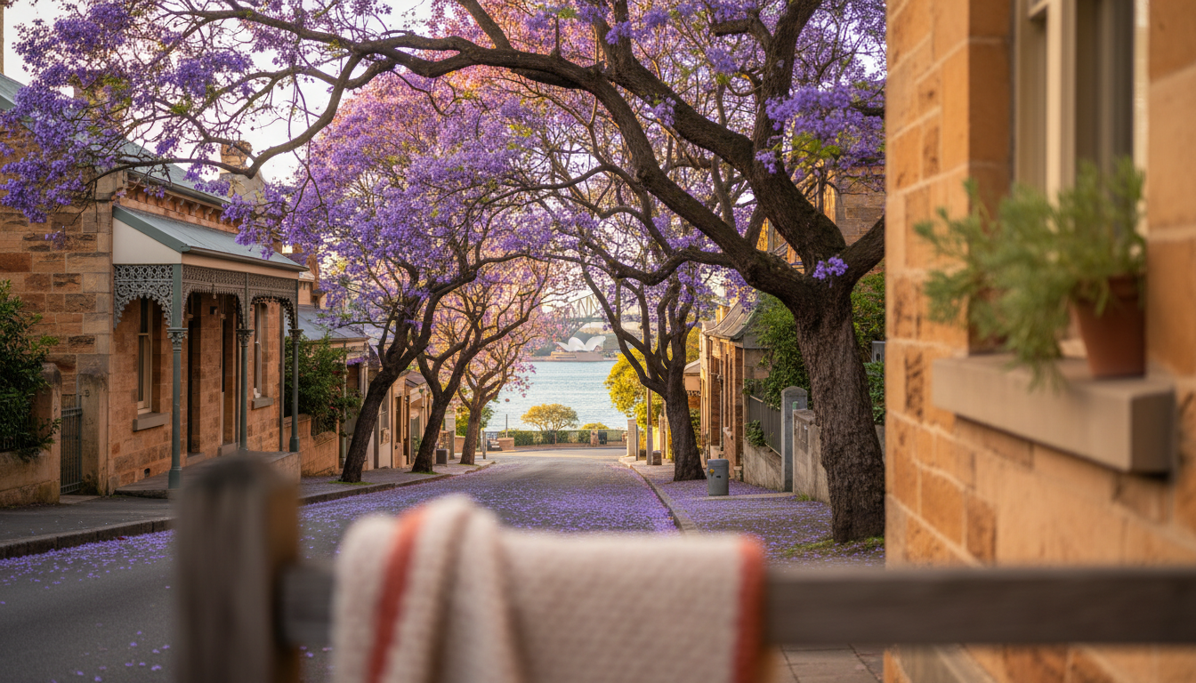 narrow Balmain street lined with heritage sandstone cottages, jacaranda trees in purple bloom, glimp