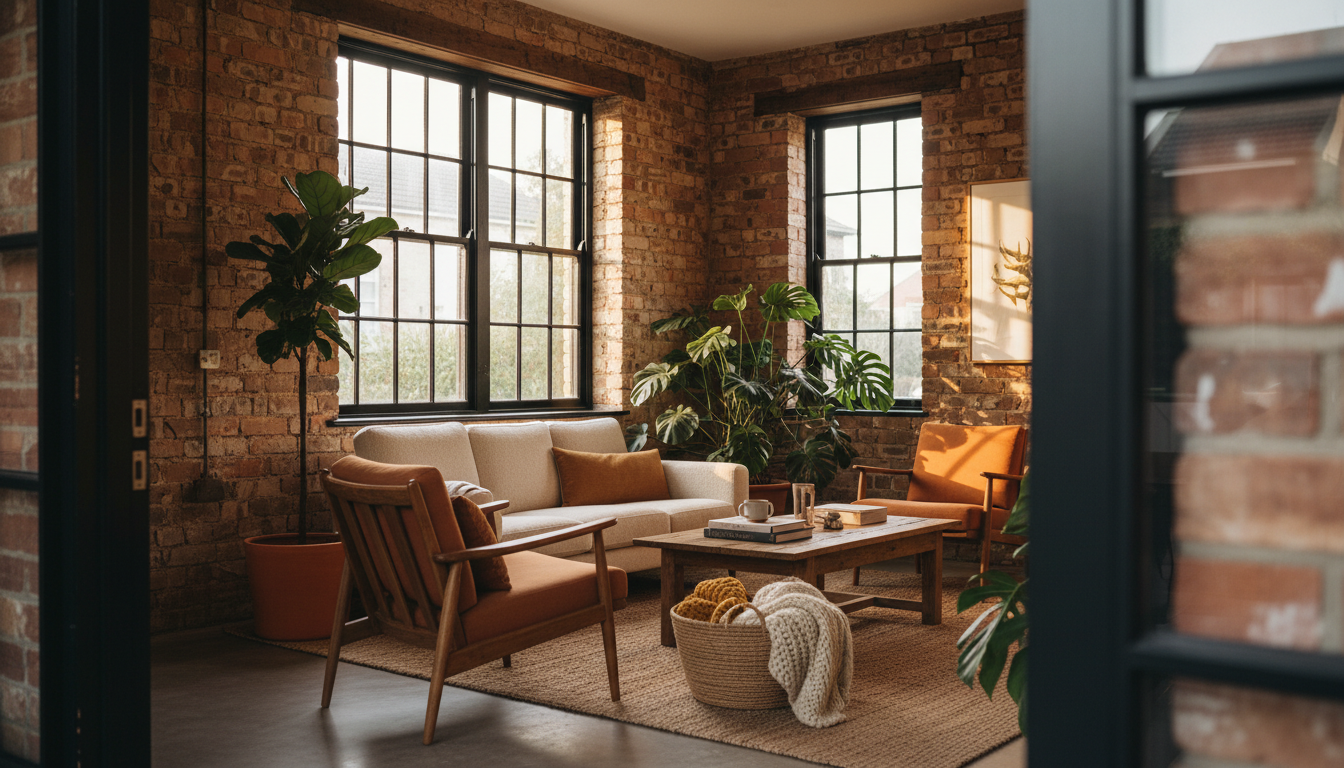 cozy interior of a Sydney terrace house with exposed brick walls, mid-century furniture, indoor plan