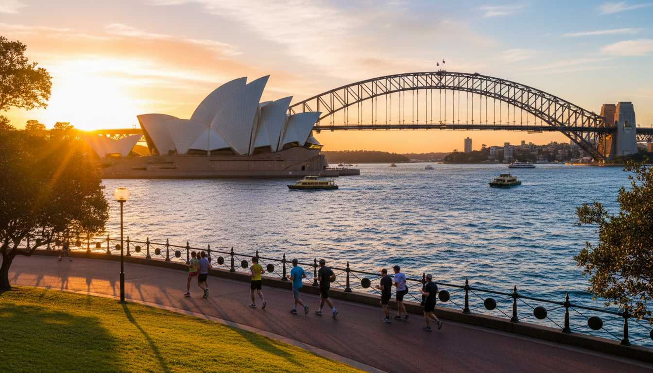 Sydney Opera House and Harbour Bridge at golden hour seen from Mrs Macquaries Chair, with joggers an