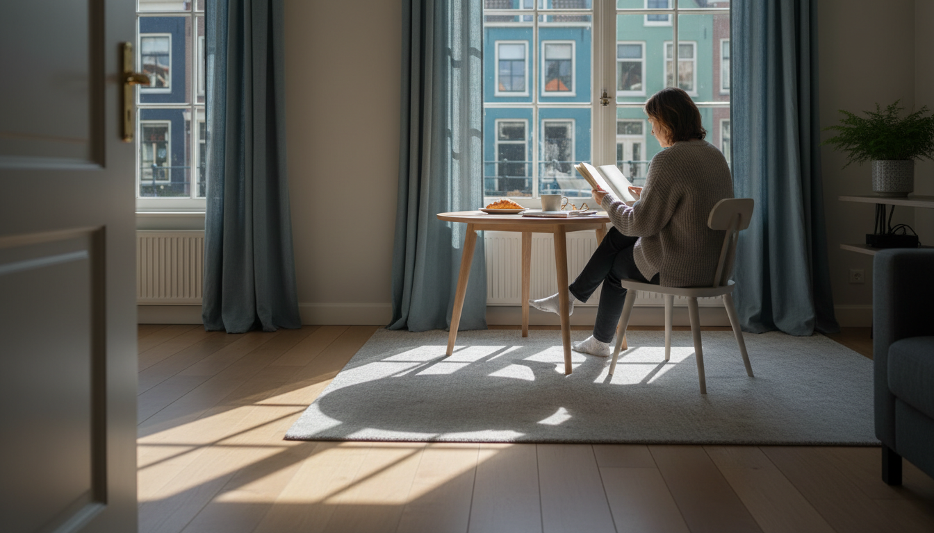 Morning light streaming through tall windows of a classic Dutch apartment in The Hague, with a solo