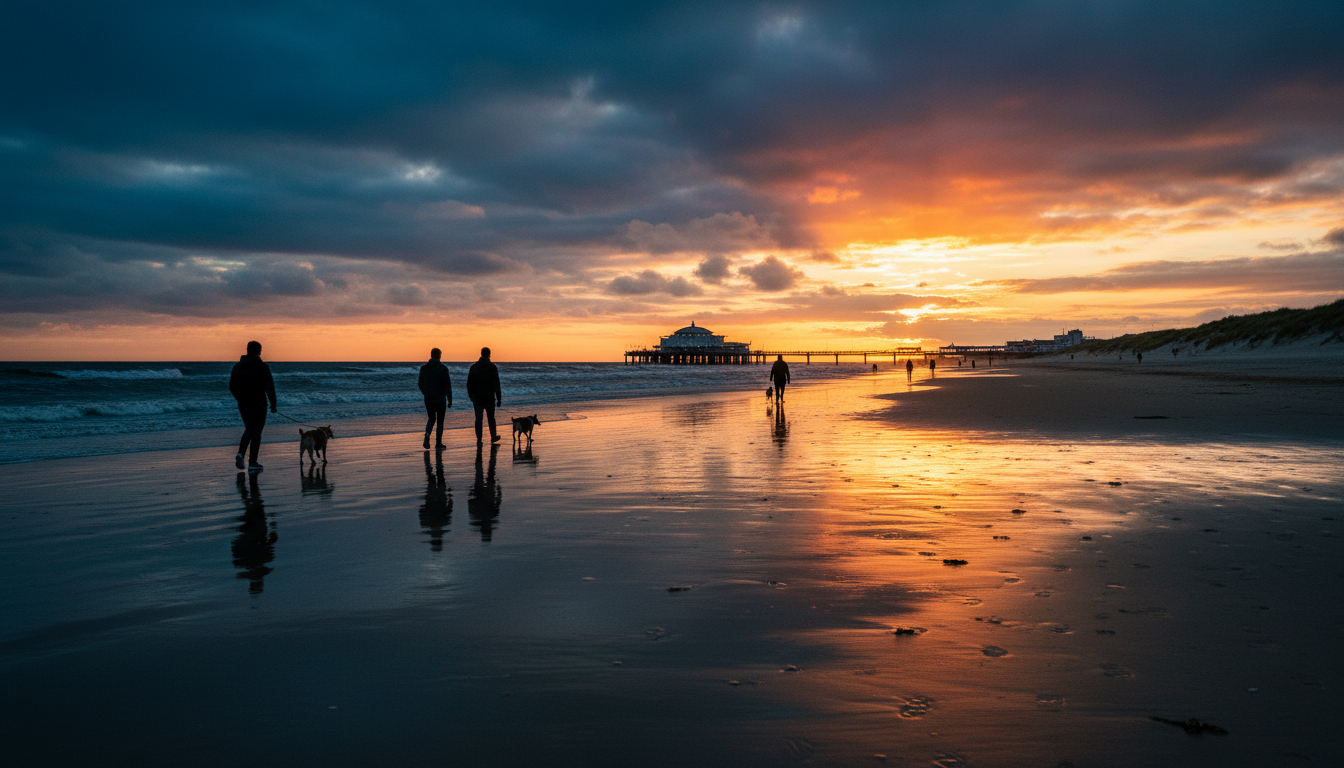 Scheveningen beach at golden hour with the iconic pier in the background, a few locals walking dogs