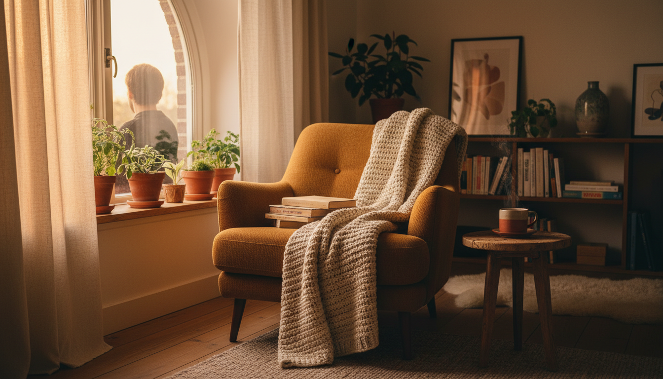 Cozy Dutch apartment interior with a reading corner by a large window, plants on the windowsill, war