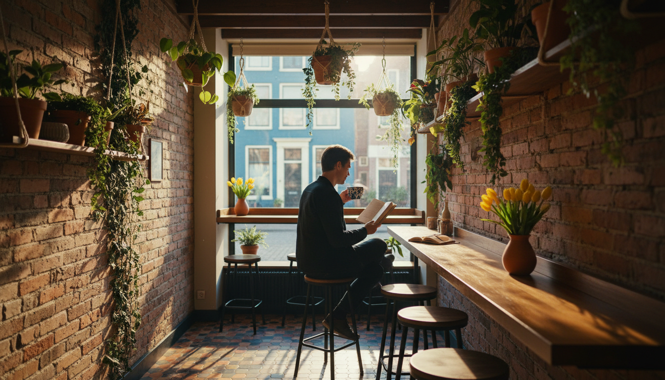 Interior of a cozy Dutch caf with exposed brick, a solo traveler at a window counter with coffee and