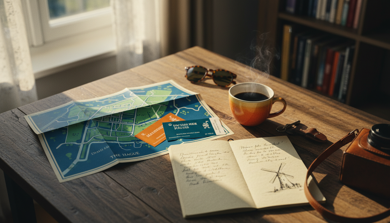 Flat lay of a solo travelers essentials on a Dutch apartment table map of The Hague, museum tickets,