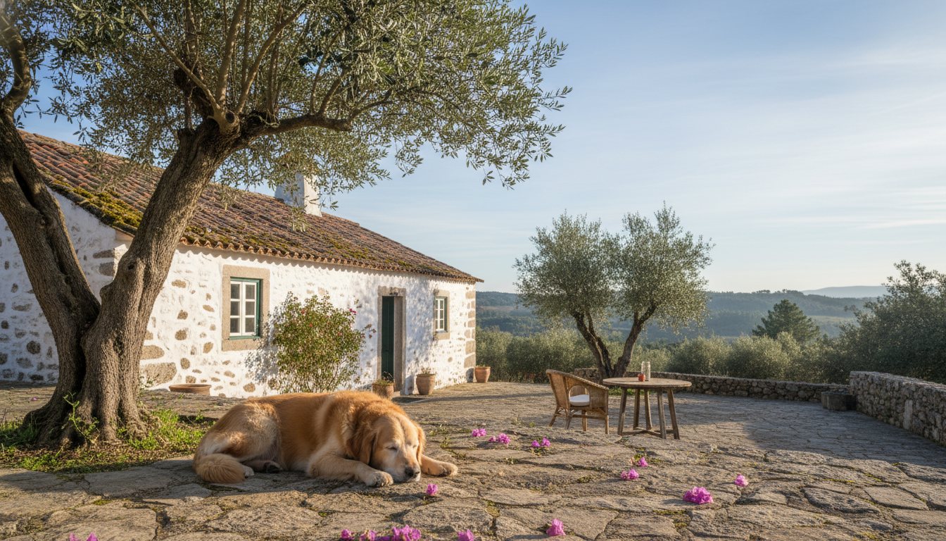 rustic Portuguese farmhouse with terracotta roof, olive trees in foreground, elderly golden retrieve
