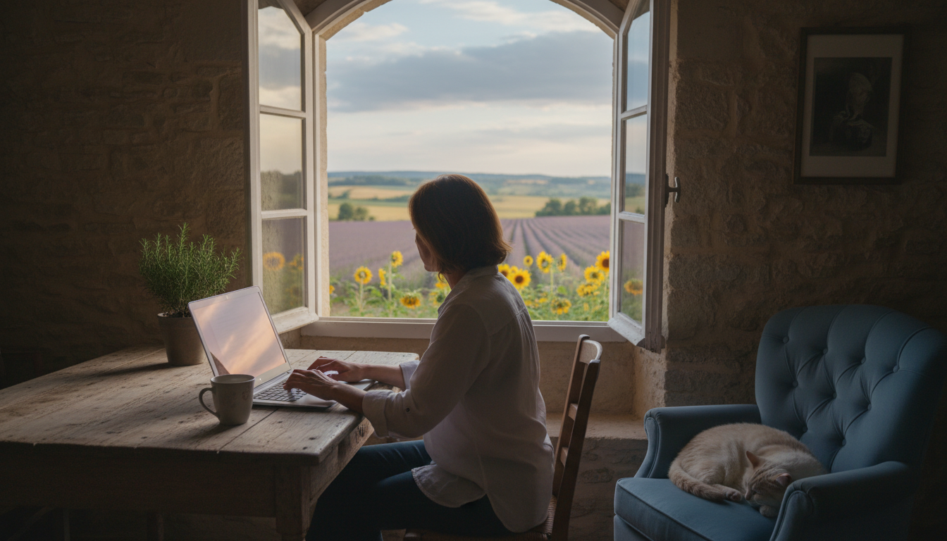 woman working on laptop at rustic wooden desk, French countryside visible through open window, cat s