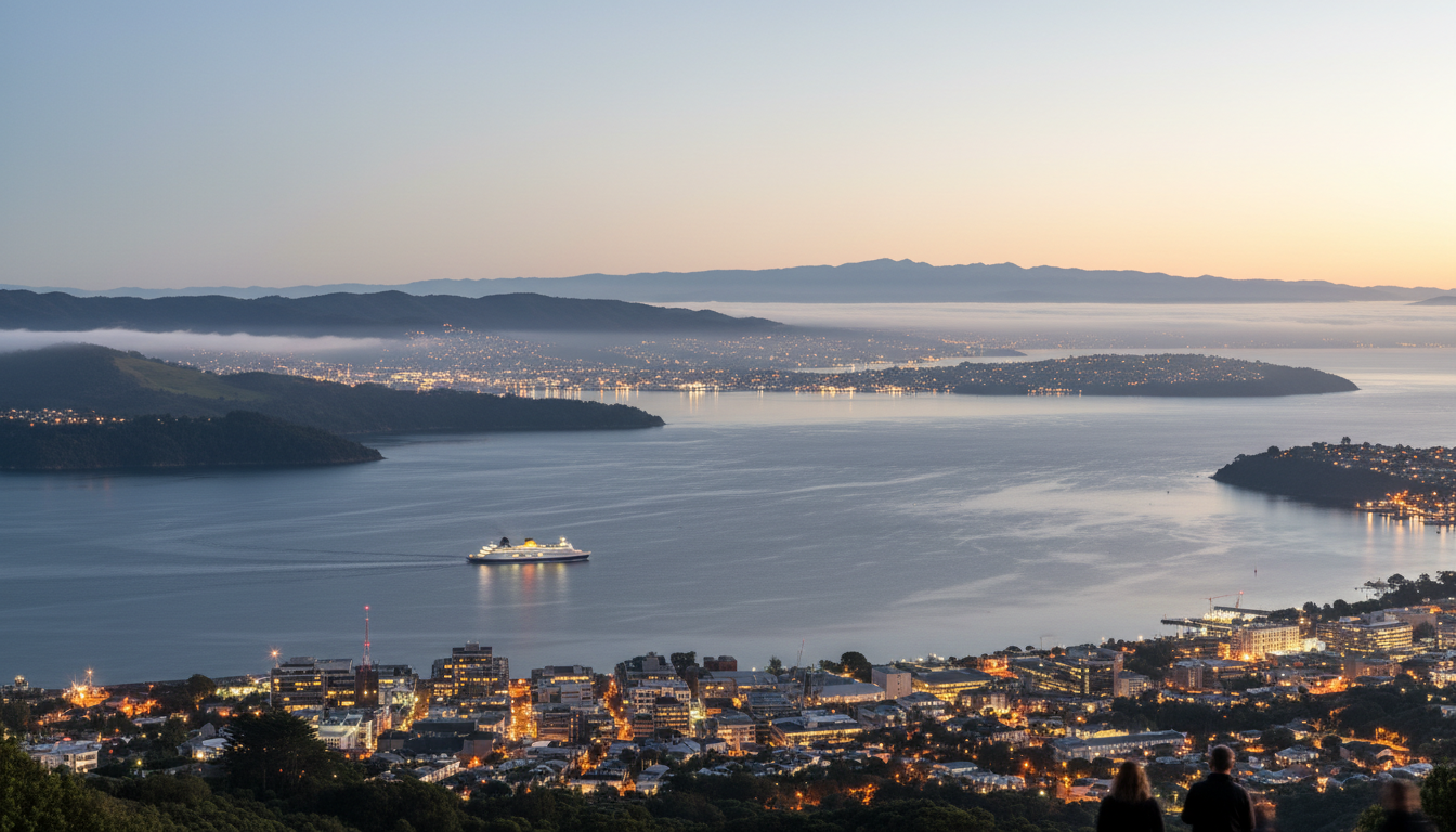 panoramic view of Wellington harbour at dawn from Mount Victoria lookout, with the city lights still