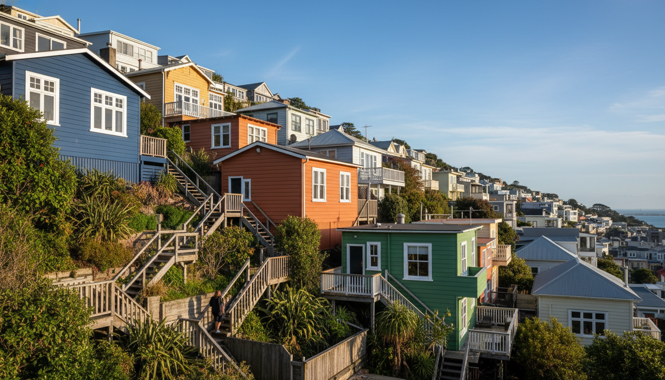 colorful wooden houses climbing up the hillside in Mount Victoria, with narrow staircases between pr