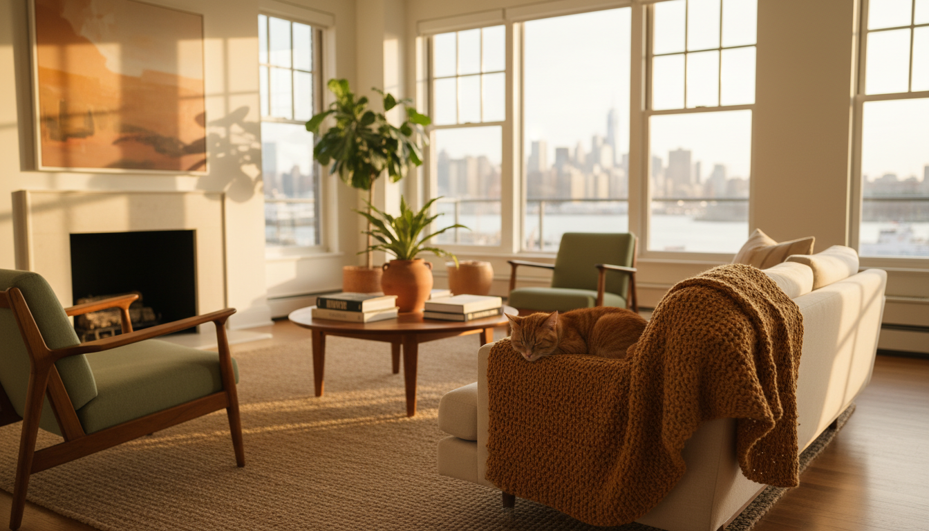 interior of a sunny Brooklyn living room with mid-century furniture, large windows showing harbour v