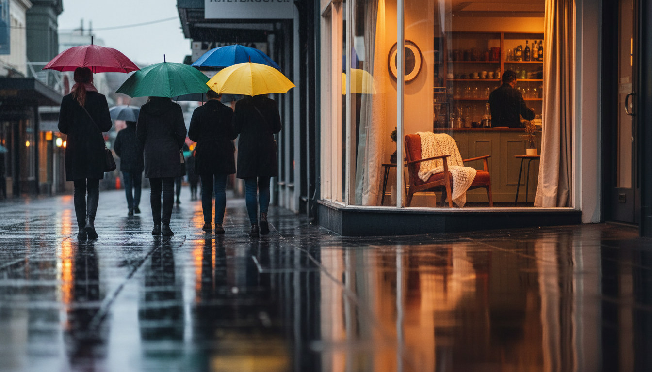 Wellington street scene on a rainy day, with people carrying colorful umbrellas past steamy cafe win