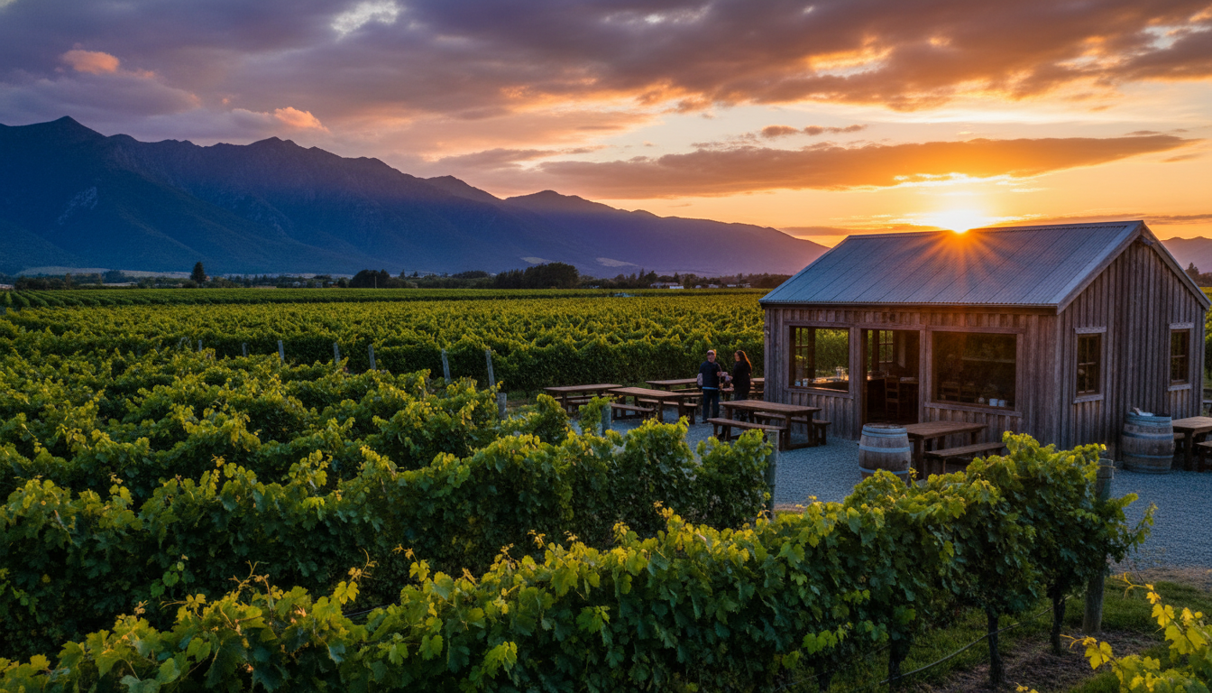 vineyard landscape in Martinborough with rows of vines, distant mountains, and a rustic tasting room