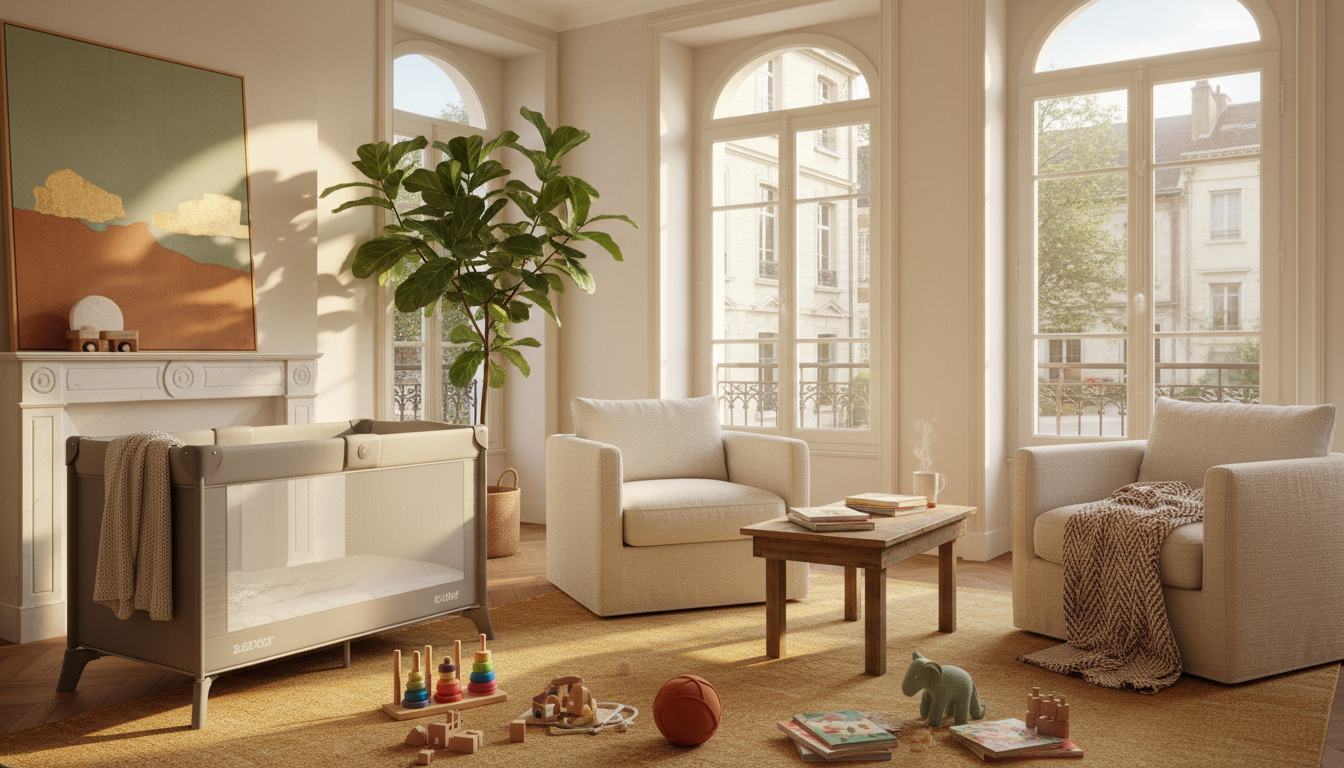 bright, airy living room in a European apartment with a pack-n-play set up in the corner, toys scatt