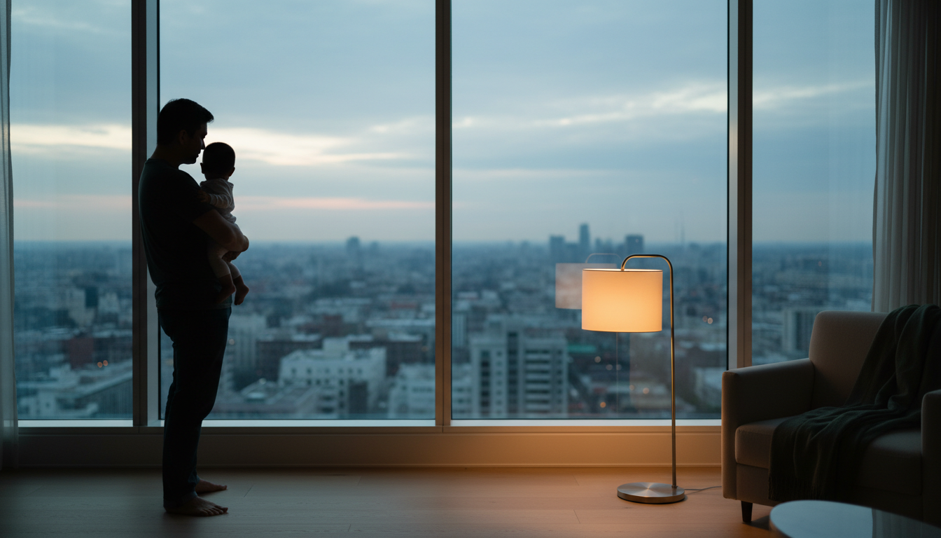 parent and baby silhouetted against a large window at dawn, city skyline visible, warm lamp glowing