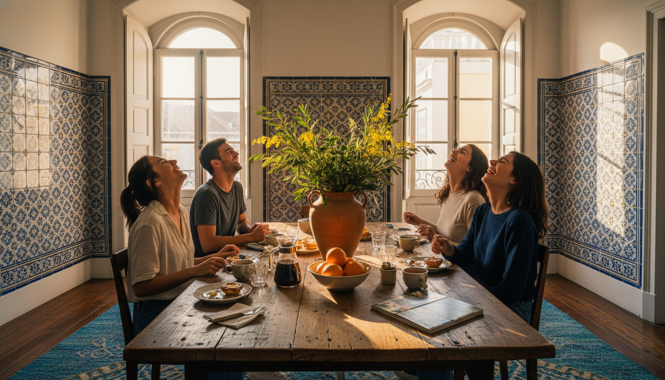 group of friends laughing around a large wooden dining table in a Portuguese apartment, morning ligh
