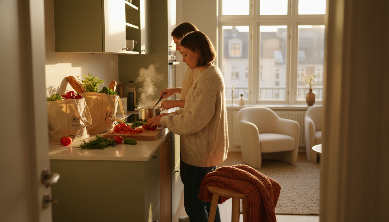 modern kitchen in a Copenhagen apartment with friends cooking together, someone chopping vegetables