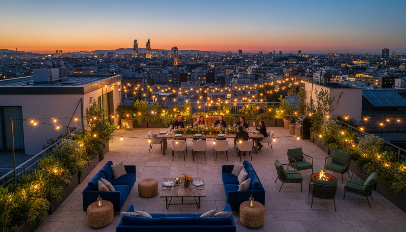 aerial view of a spacious Barcelona apartment with rooftop terrace, showing multiple seating areas,