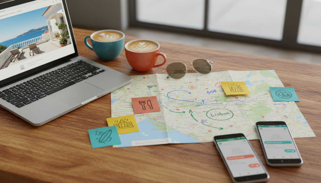 flat lay of travel planning materials on a wooden table laptop showing a home listing, printed map o